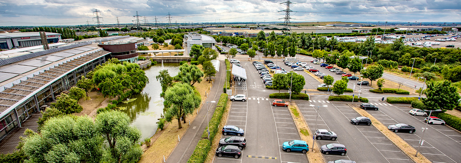 An aerial view of the CEME campus and carpark