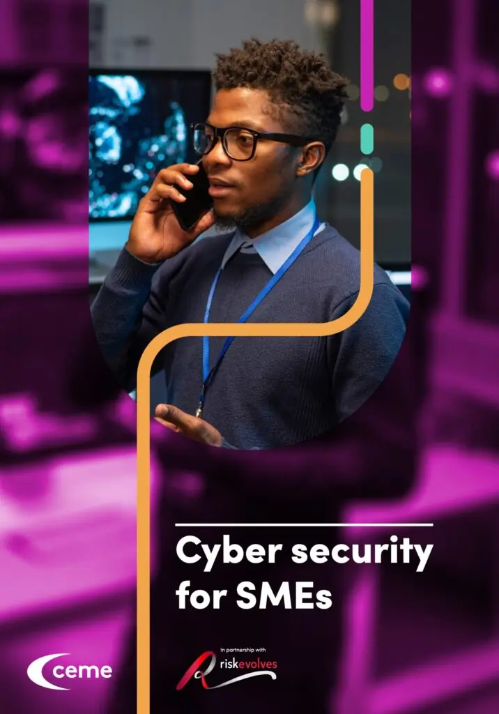 Cover of the cyber security guide featuring a man in a control or security room on a telephone call.