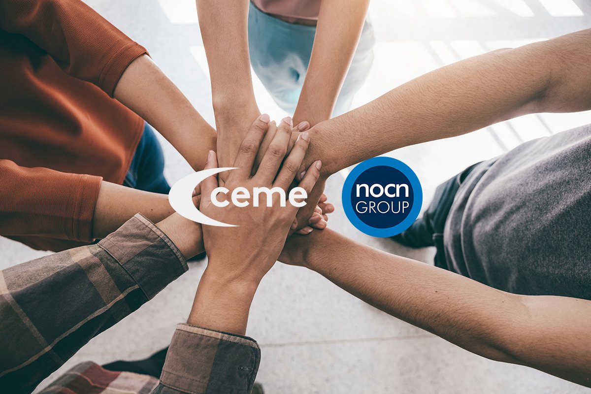 The CEME and NOCN Group logos super imposed over a group of people putting their hands together in a teamwork pose.