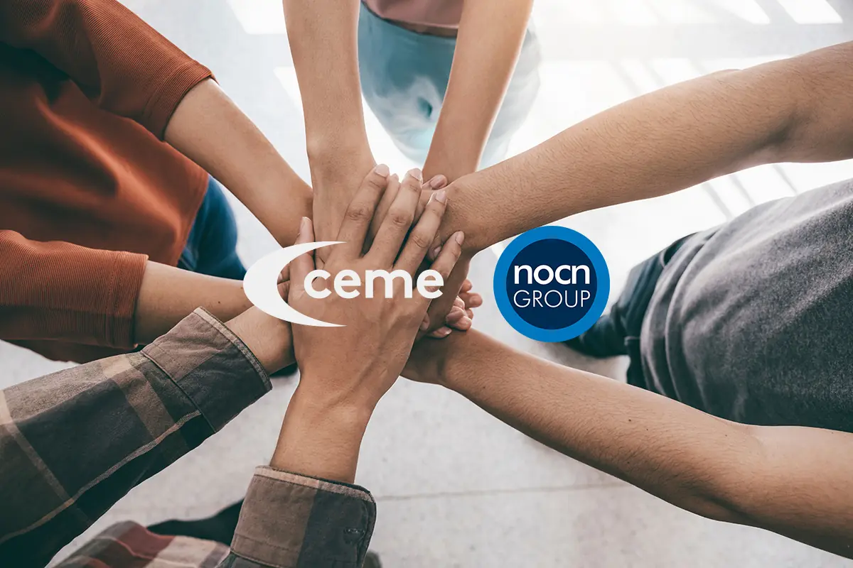 The CEME and NOCN Group logos super imposed over a group of people putting their hands together in a teamwork pose.