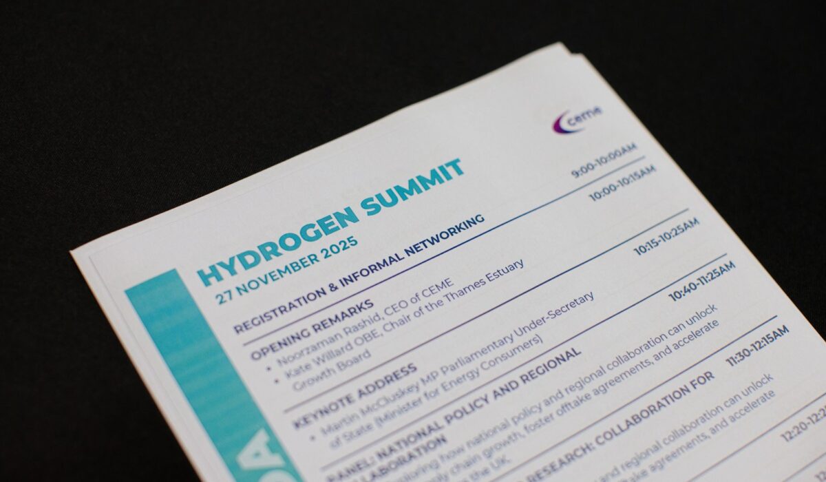 Hydrogen Summit 2025 152 A close-up of the event schedule/agenda for the "Hydrogen Summit 27 November 2025." Visible agenda items include "Registration & Informal Networking," "Opening Remarks" by Noorzaman Rashid and Kate Willard, and "Keynote Address."