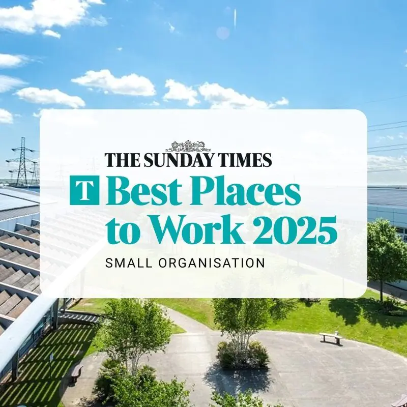 An aerial view of the CEME campus with The Sunday Times Best Places to Work 2025 small organisation logo placed over