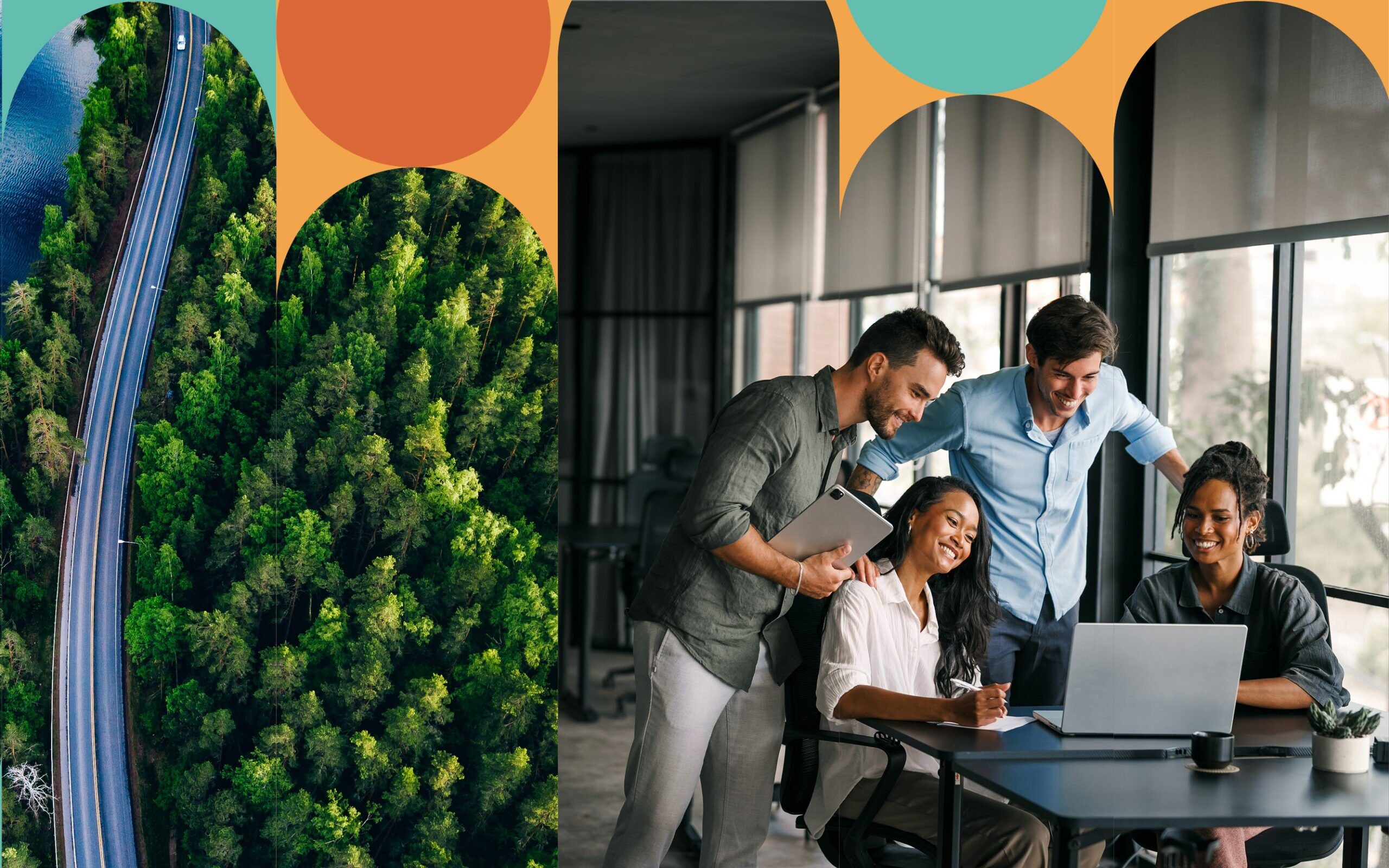 A montage of images, one being a road winding through a dense forest, and the other being corporate business people smiling at the report on a laptop.