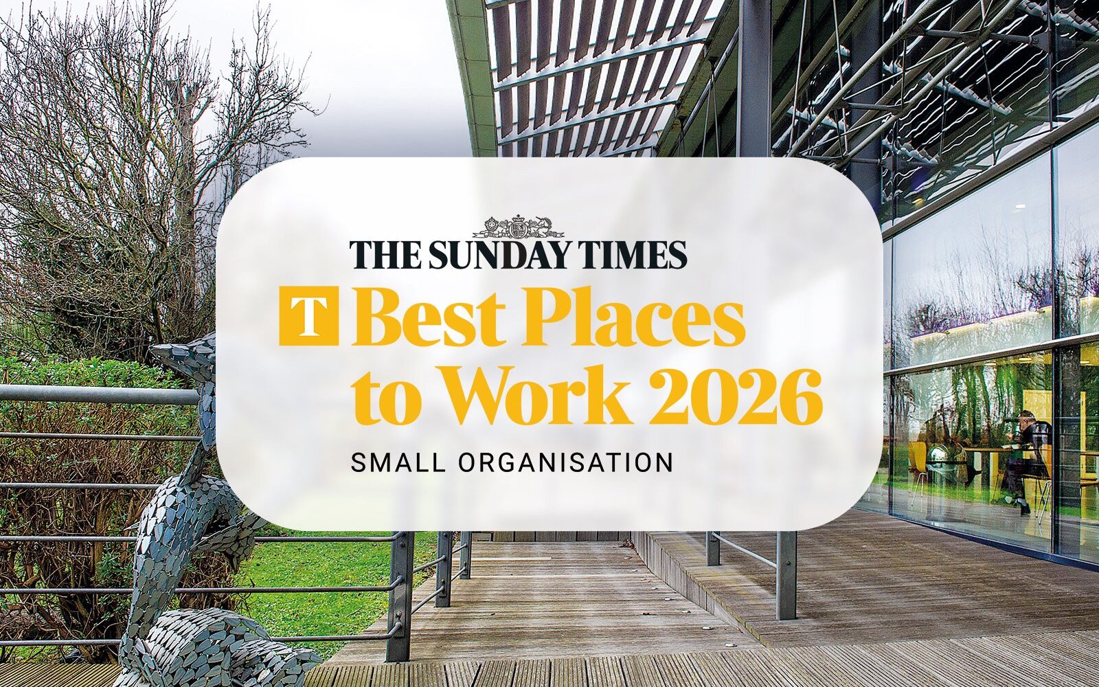 A picture of the deck at CEME campus with the Sunday Times Best Places to Work 2026 logo super imposed over the top.